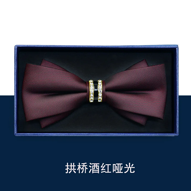 

Men's wedding best man formal dress handmade diamond bow tie double flat head solid color wine red student new stock