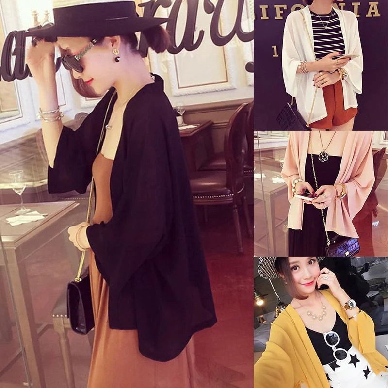 

Chiffon Kimono Cardigan Casual 3/4 Batwing Sleeve Loose Black Women Blouses Shirts Plus Size Summer Women Tops Outerwear Top