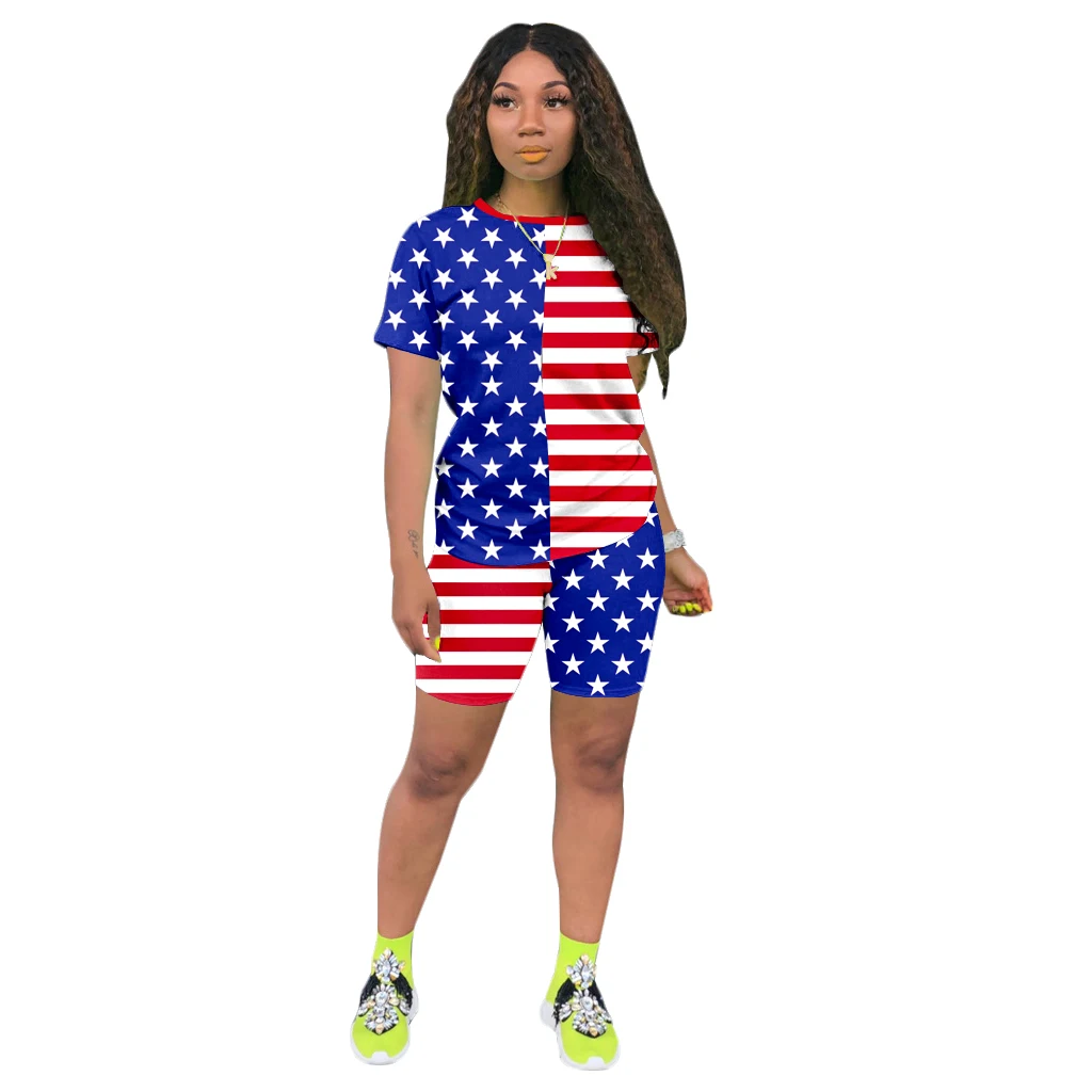 2020 Summer Women American Flag Print Two Pieces Sets Tracksuits Tee Tops Shorts Leggings Suit Sporty Fitness 2 pcs Outfit GL777 | Женская
