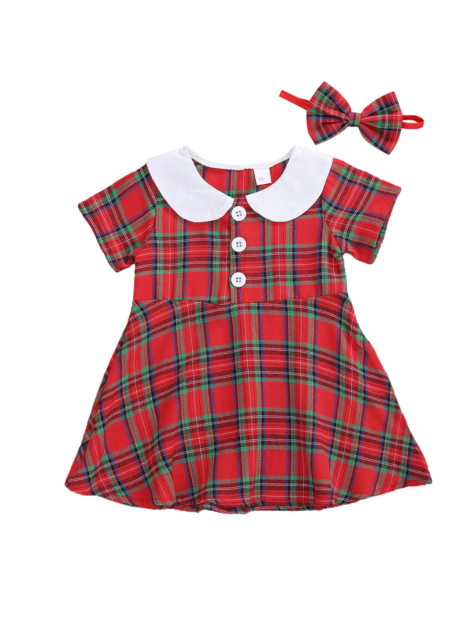 

0-24M Christmas Baby Girls Dress Headband 2pcs Plaid Print Peter Pan Collar Front Button A-Line Dress