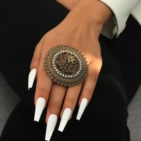 retro national style exaggerated round hollow ring exquisite zircon adjustable flower ring charm womens leisure jewelry