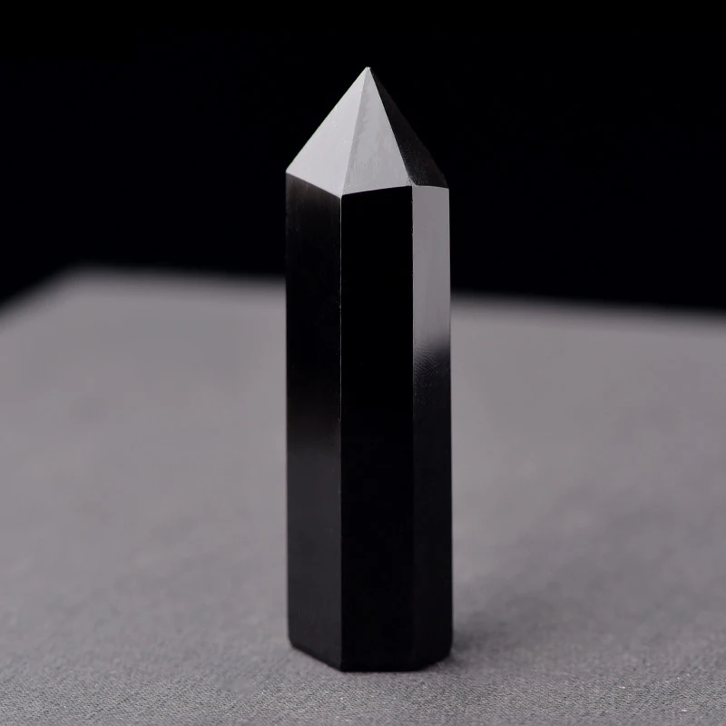 

Natural Obsidian Black Obelisk Tower Quartz Stone Point Hexagonal Wand HEE889