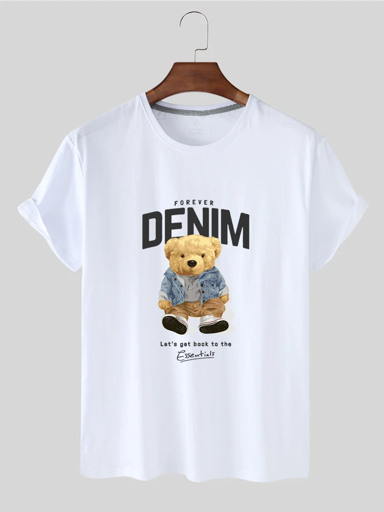 

100% Cotton Cute Denim Bear Print Short-sleeved T-shirt Women Summer Casual Short-sleeved Unisex Oversized T-shirt Ladies Shirt