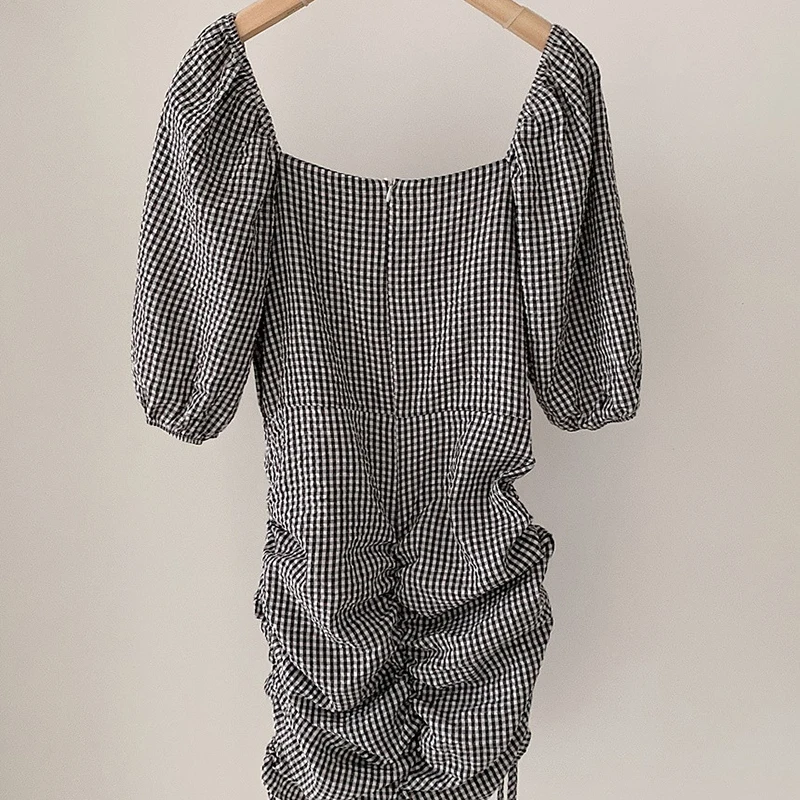 

GALCAUR Black Plaid Dress For Women Square Collar Puff Short Sleeve High Waist Mini Pleated Hit Color Dresses Females 2021 Style