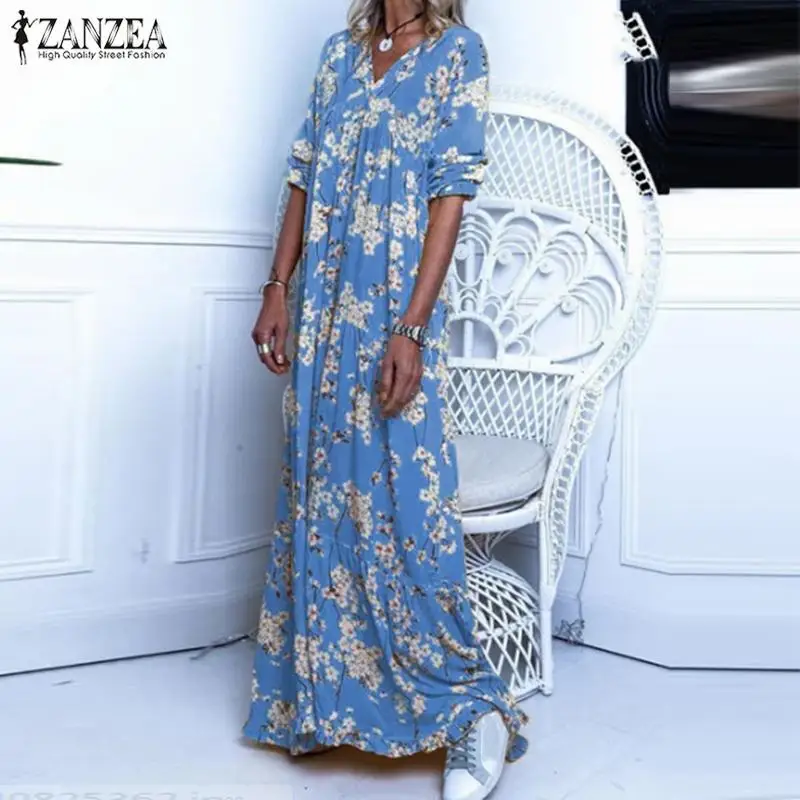 ZANZEA Women Bohemian Dress Autumn V neck Long Sleeve Floral Printed Sundress Casual Vintage Party Maxi Vestido Robe Femme | Женская