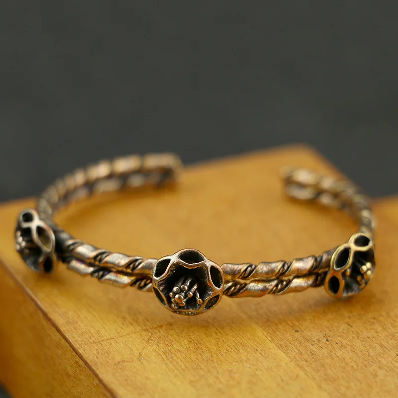 Flower Bangle Панк латунный череп голова открытие браслет ювелирные изделия Аксессуары Ретро Твердые медные хип-хоп Рок Браслеты Манжеты Браслеты - Окраска металла: Flower Bangle