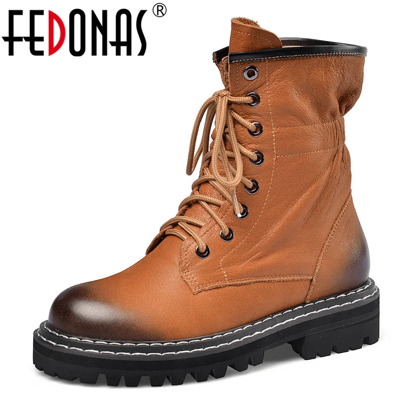 Женские Винтажные ботинки FEDONAS теплые мотоциклетные из натуральной кожи на