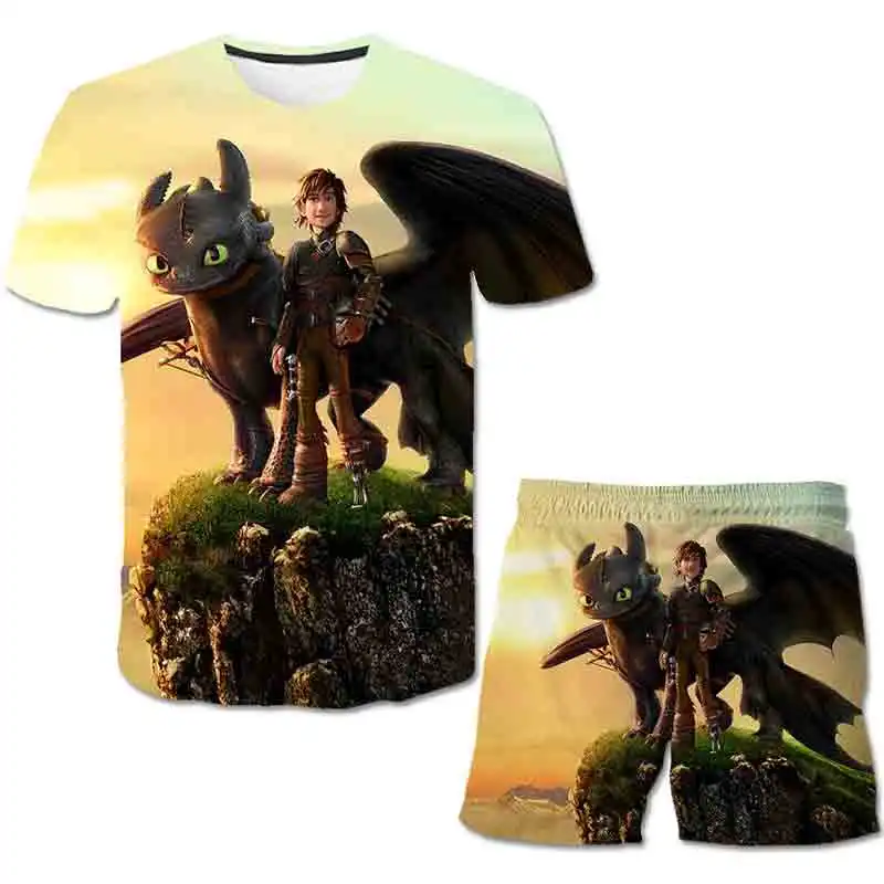

New Summer 3D children's animation T-shirt+Beach shorts Harajuku Boys and girls' set children's T-shirt Shorts - two piece set