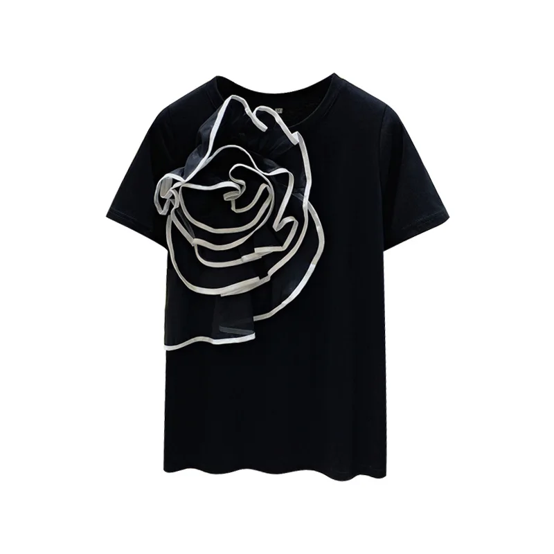 

2020 Summer Korean White T-shirt Simple Round Neck Three-dimensional Flower Stitching All-match Cotton Tee Harajuku Tshirts Tops