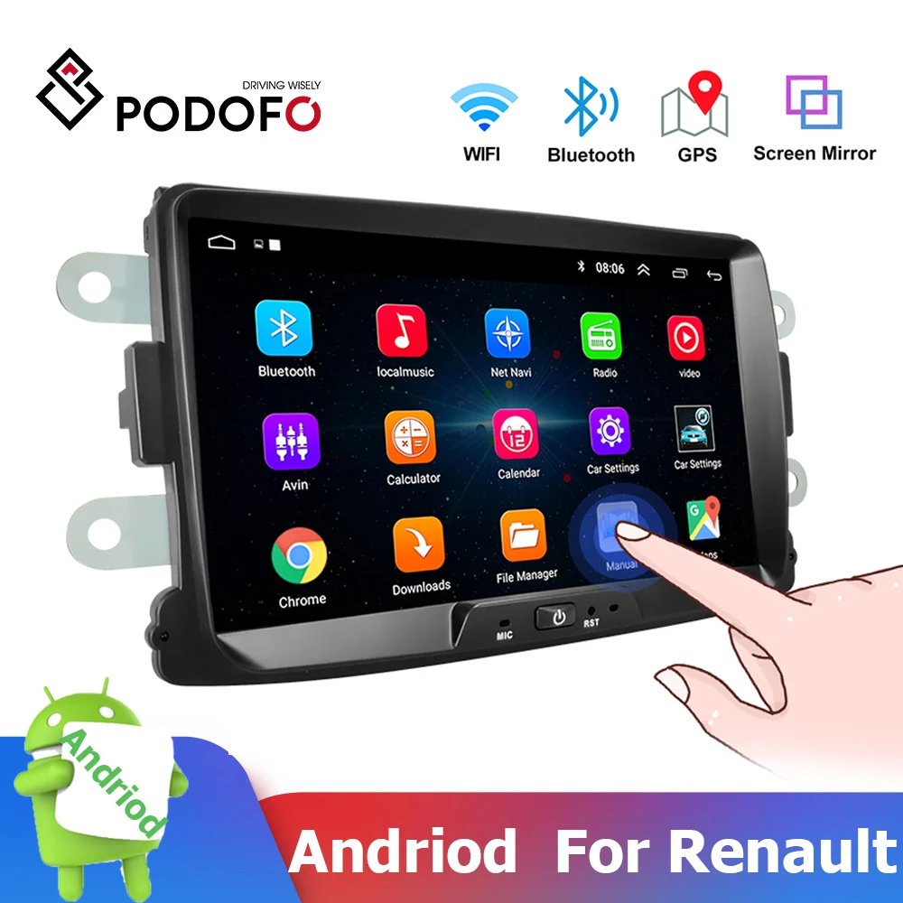 Podofo 2 Din Android Автомагнитола 8 ''GPS MP5 Зеркало Ссылка для Renault Sandero/Duster/Logan/Dokker