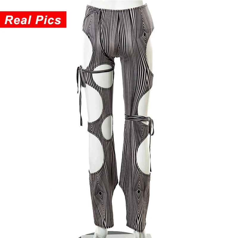

Elastic High-waist Hollow Pants Women Strap Design Striped Trousers Straight Pants Summer Holes Skinny Pant For Women's Clothes