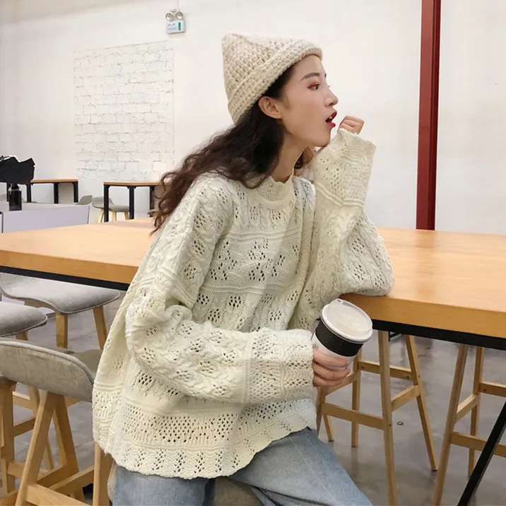 Vintage Openwork Long Sleeve Sweater Female Korean Harajuku Women's Sweaters Japanese Kawaii Ulzzang Japan Clothing For Women | Женская