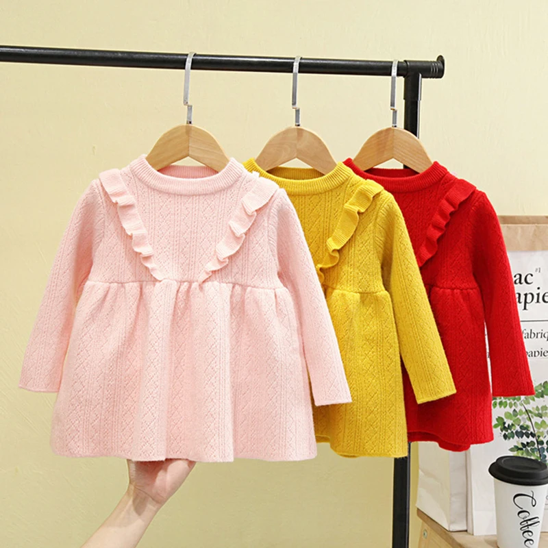 

Baby Autumn Winter Clothes Toddler Girls Knitted Dress Ruffles Cute Knitting Costume Christmas Princess Party Vestidos 1-5 Years