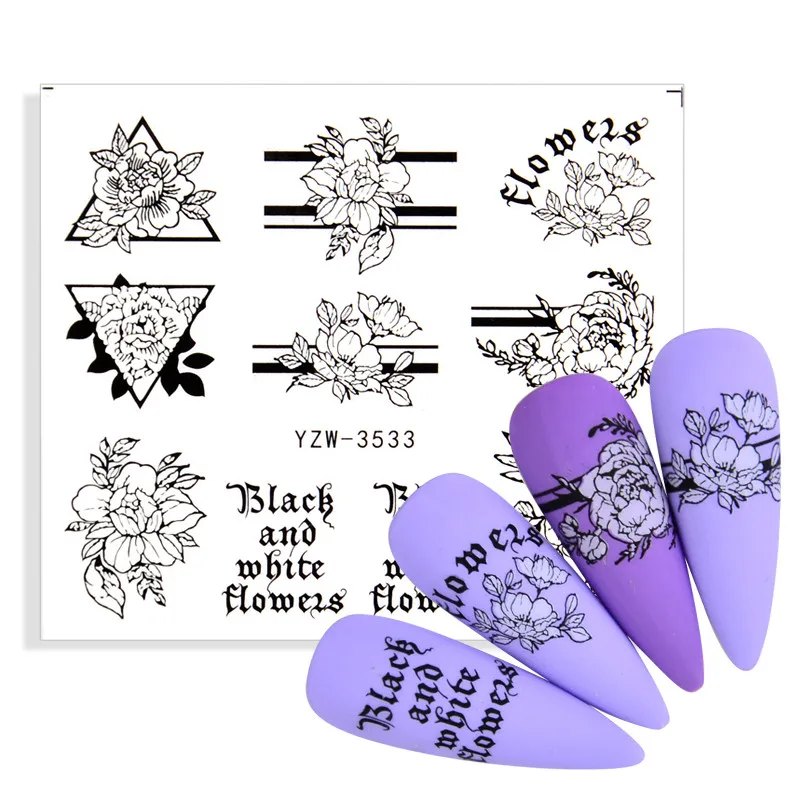 

1 Sheet Nail Sticker 2022 Newest Designs Water Transfer Black Flowers Colorful Ink Bird Nail Art Sticker Decals DIY Decoration