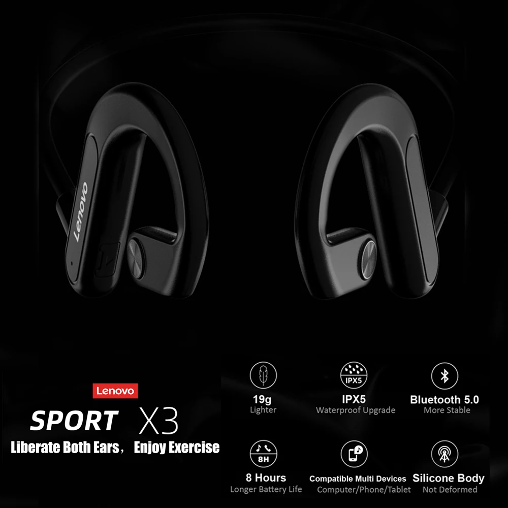 

Lenovo X3 Wireless Bluetooth Earphone Bone Conduction Sport Headset IPX5 Waterproof Neckband with Mic Noise Cancelling Earbuds