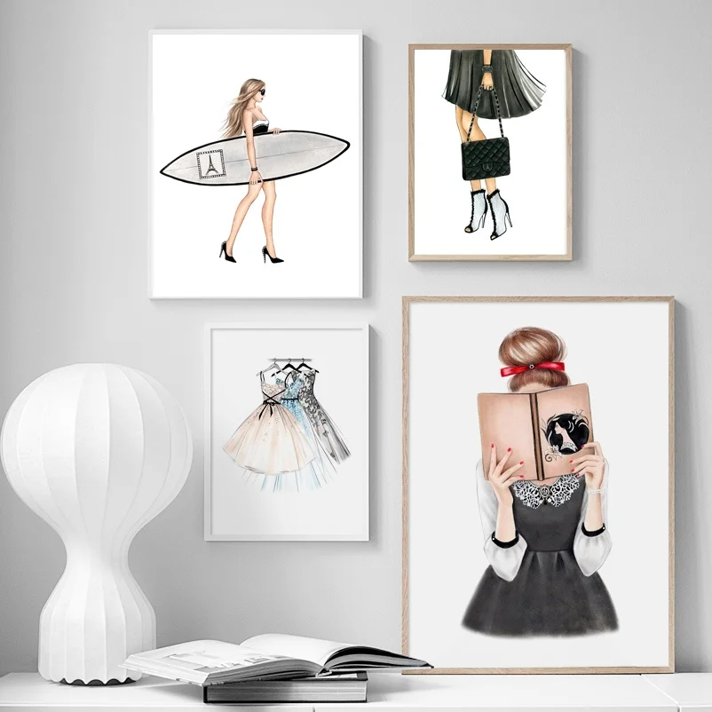 

Fashion Girl Pink Lady Dress Flower Bags Wall Art Canvas Painting Nordic Posters And Prints Wall Pictures For Living Room Decor