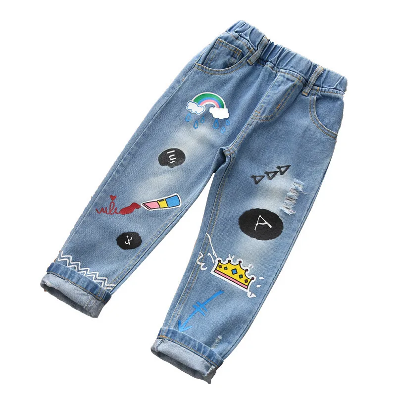 

2021 Spring and Autumn New Girls Cartoon Graffiti Ripped Jeans Children's Print Loose Casual Fashion Kids Pants KJ24