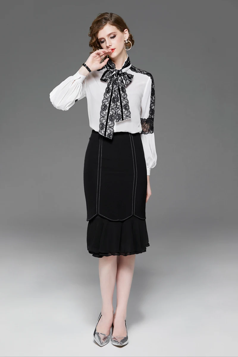 100% чистый шелк женские Подиумные рубашки воротник-бант длинные рукава кружева