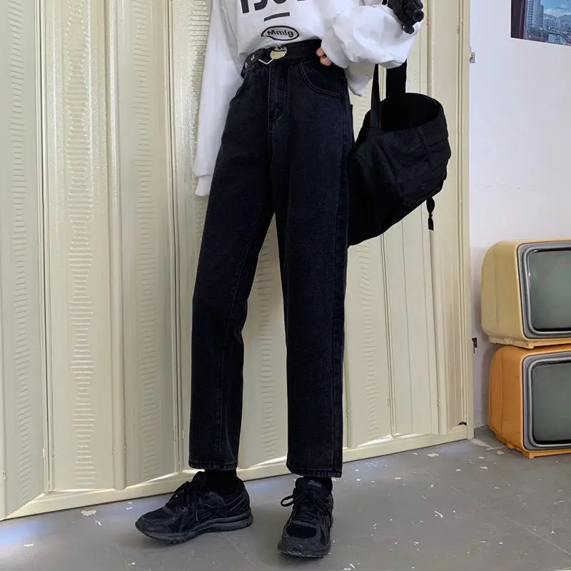 

"Single-layer / plush" high-waisted jeans female loose schoolgirl black thin straight pants female winter