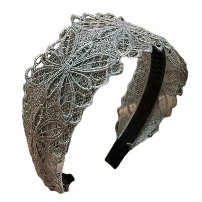 

Women Hollow Out Floral Lace Anti-Skid Headband Shimmer Metallic Wide Hair Hoop