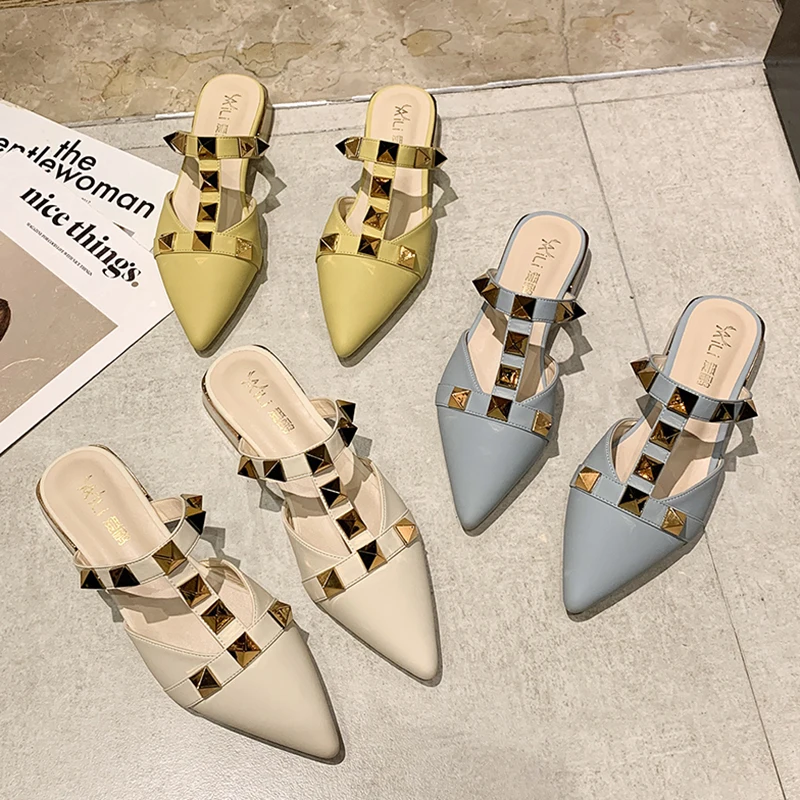 

Shoes Mules For Women 2021 Female Slippers Med Pointed Toe Loafers Slides Rivet New Cover Rome Rubber Hoof Heels PU Patent