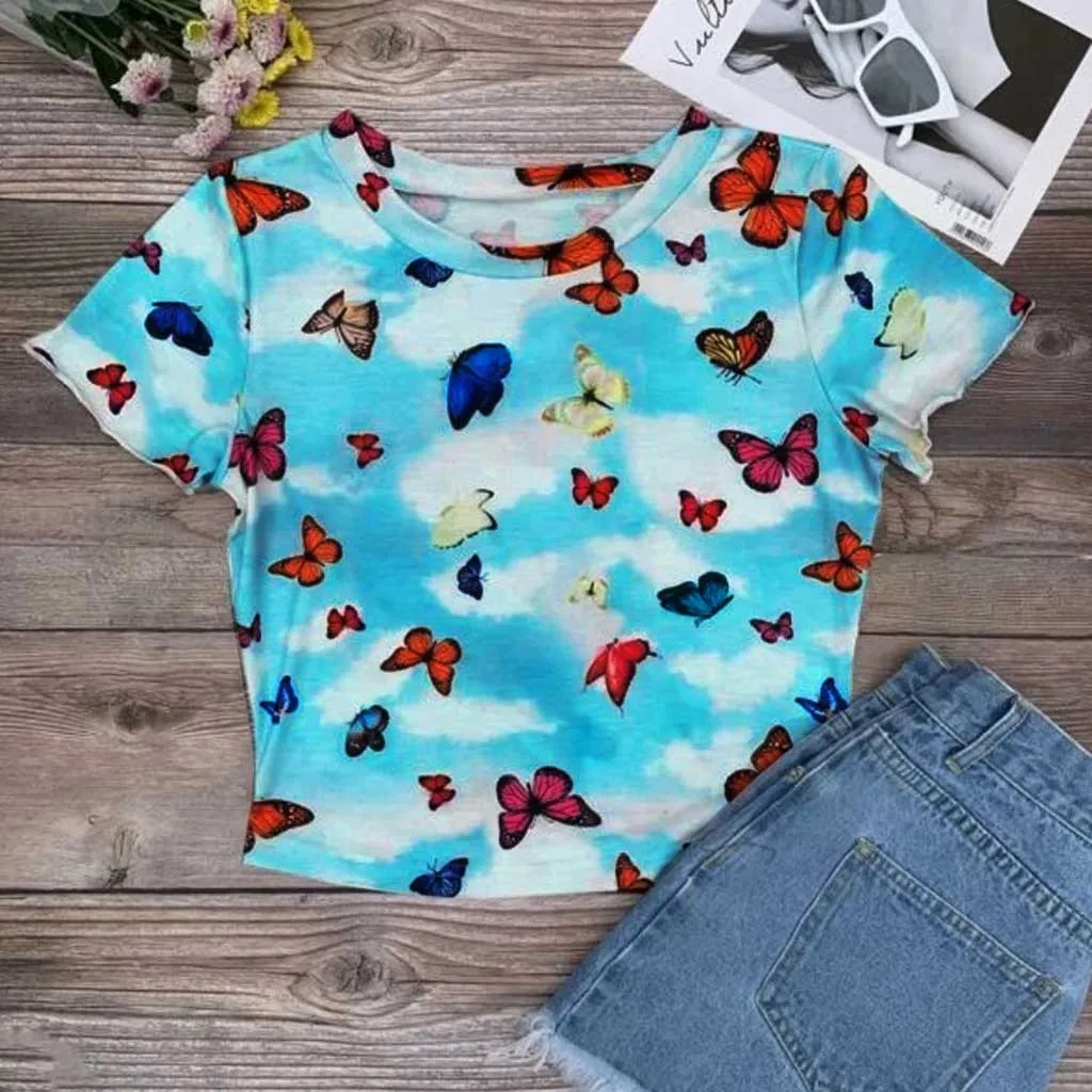 Женская футболка с принтом облаков и бабочек Пляжная Повседневная облегающая