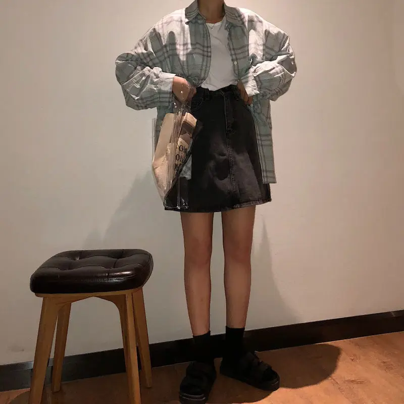 

Shirts Women Spring Plaid Loose Drop-shoulder Classical Leisure Boyfriend Korean Style Fashion Students All-match Outwear Female