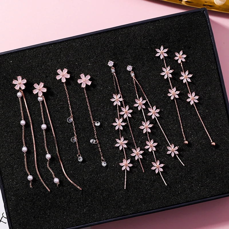 

AVEBIEN Pink Delicate Crystal Cherry Blossom Petals Long Tassel Earrings Earrings for Women 2020 Trend Sweet Temperament Earring