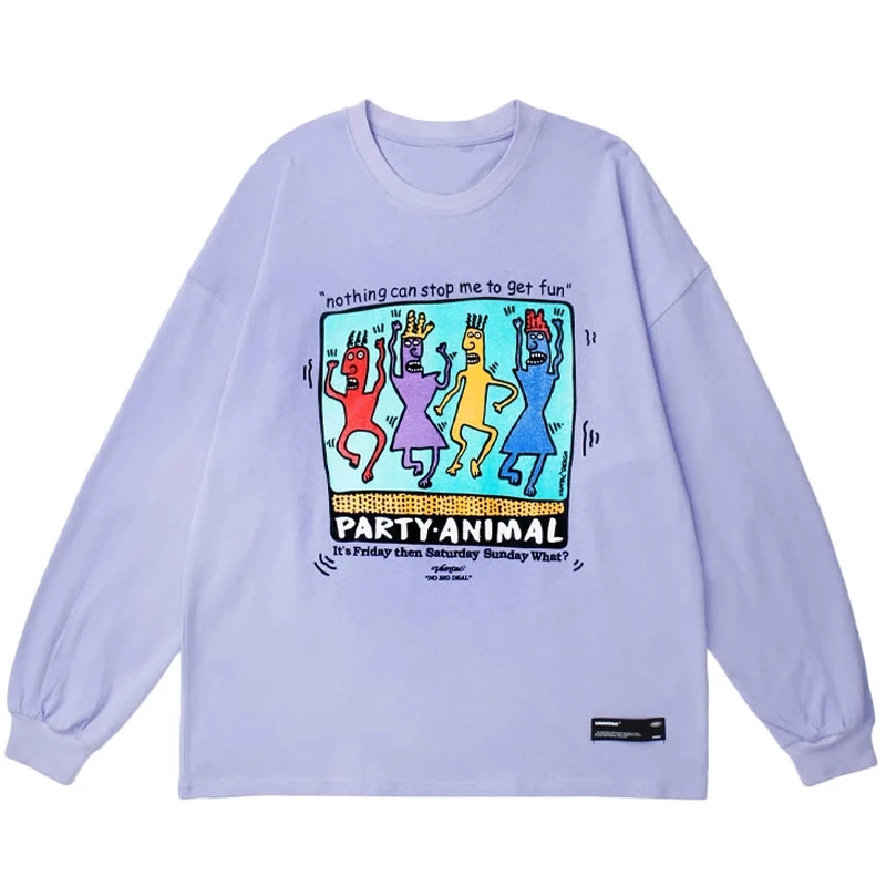 

Long Sleeve T shirts Men Graffiti Cartoon Dance Print Tees Shirts Streetwear Hip Hop Copule Harajuku Loose Cotton Casual Tops