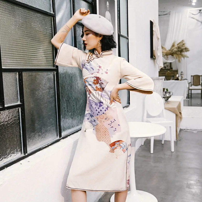 

2020 Summer Improved Cheongsam Chinese Traditional Printed Dress Suede Layer Elegant Midi Vestidos Party Women's Clothes Qipao