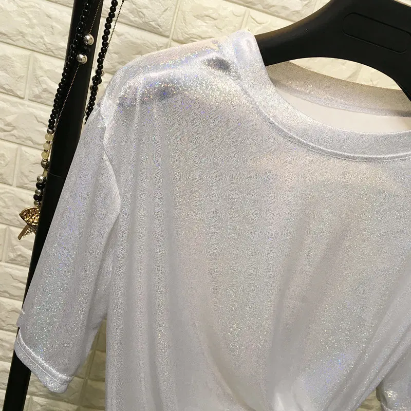 

XUXI 2019 New Popular Beautiful Silk Mode Shining Female Loose T-shirt Handsome Tshirt Korea Loose Streetwear Lady Tops FZ0206
