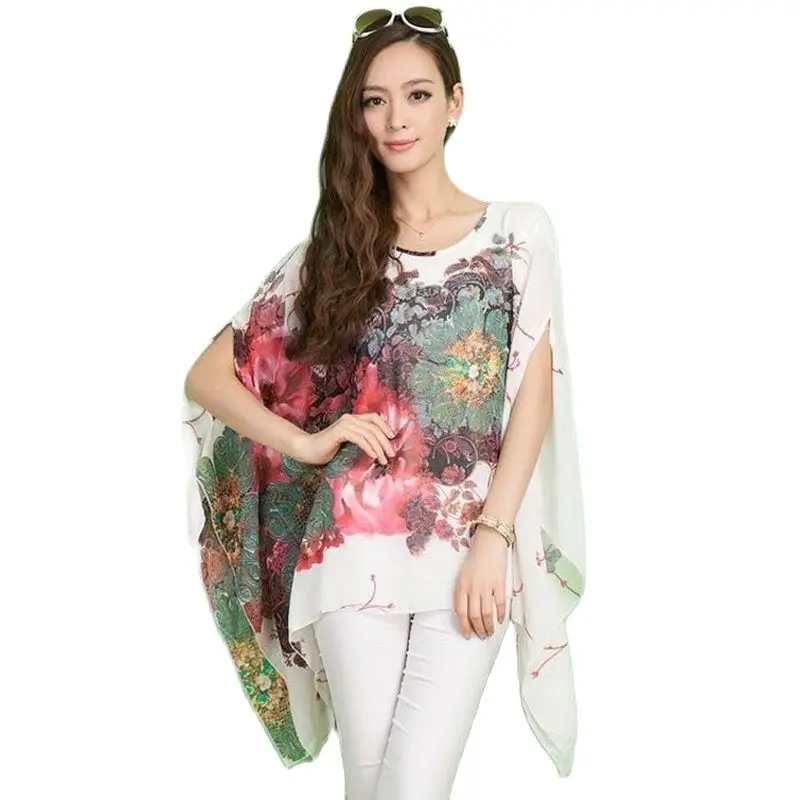 Модное женское шифоновое свободное пончо с цветочным принтом летние тонкие