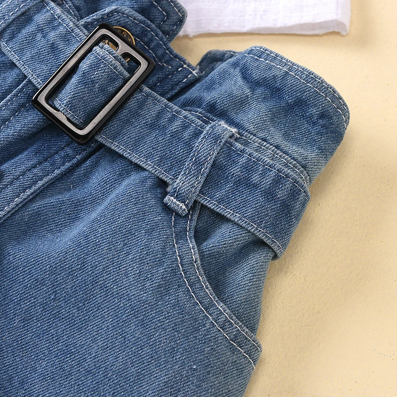 

Girls Casual Clothes Sets 2021 New Summer Baby Suit White Flying Sleeve T-shirt and Sashes Shorts Outfit 2Pcs Children Clothing