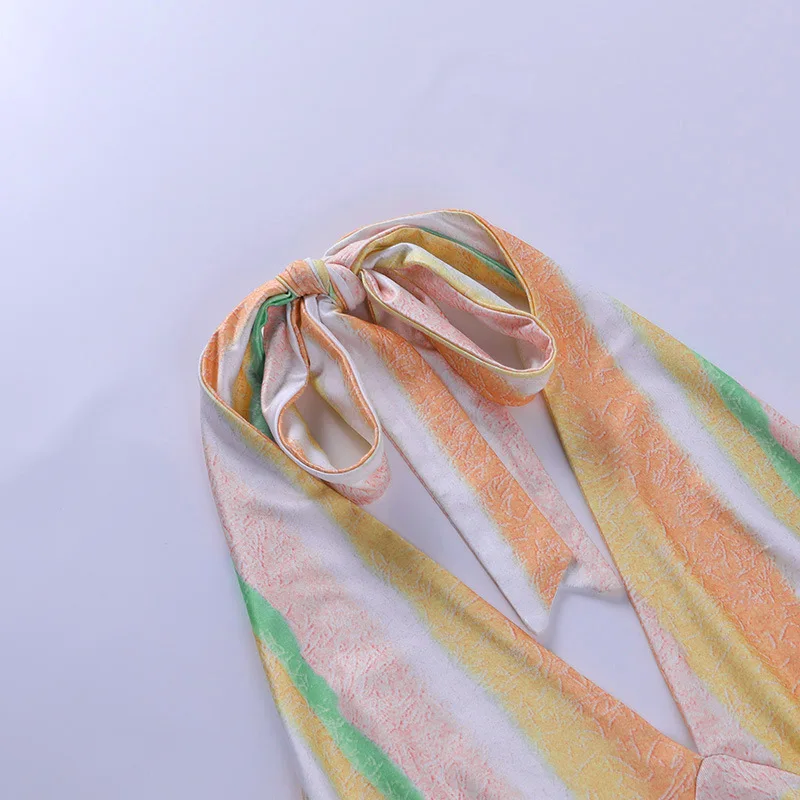 

Summer Patchwork Lace Up Bandage Halter Tank Tops Beach Vacation Striped Print V Neck Sleeveless Backless Women Crop Top Tees