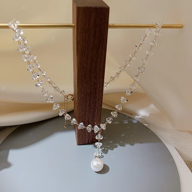 

Korean Clear Crystal Irregular Stones Choker Necklace With Simulated Pearl Pendants 2020 New Fashion Jewelry Women Collares Gift