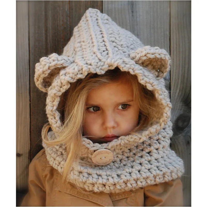 Fashion Hats Handmade Kids Winter Hats Wrap Bear Scarf Caps Cute Autumn Children Cartoon Bear Knitted Hats