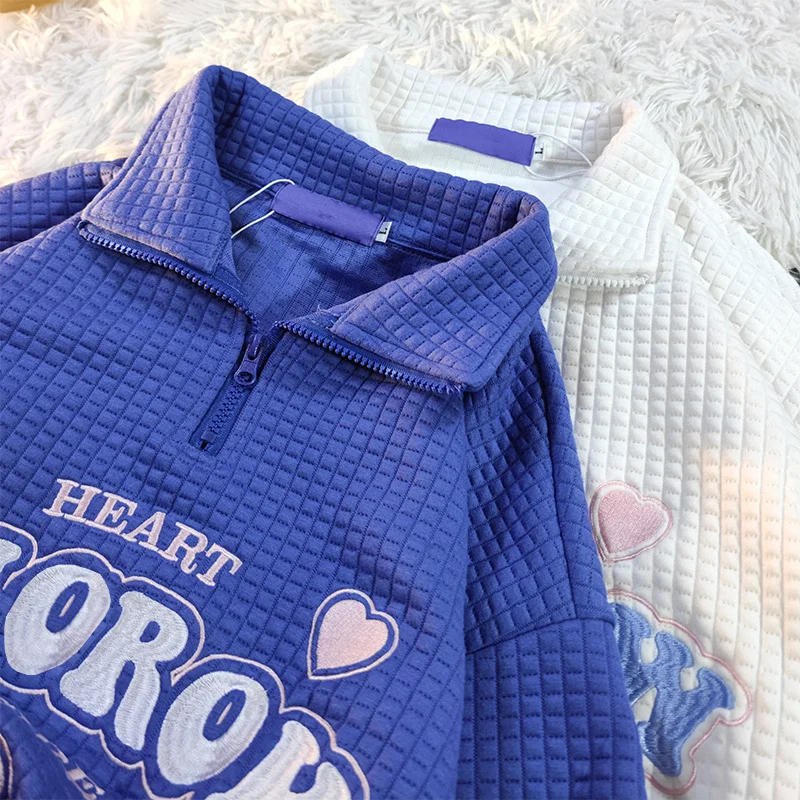 

Klein Blue Waffle Polo Lapel Sweater Women's Spring and Autumn Loose Idle Style Embroidered Half Zipper Top Rac