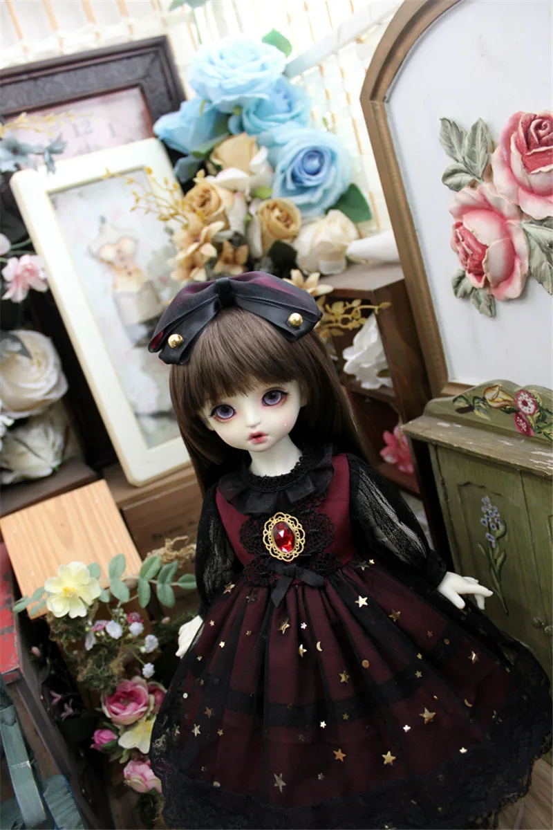 Ropa de muñeca BJD que se ajusta a 1/3 1/4 1/6 Blythes tamaño negro y rojo, conjunto de vestido de gasa Vintage, accesorios para muñecas (falda + Tiara)