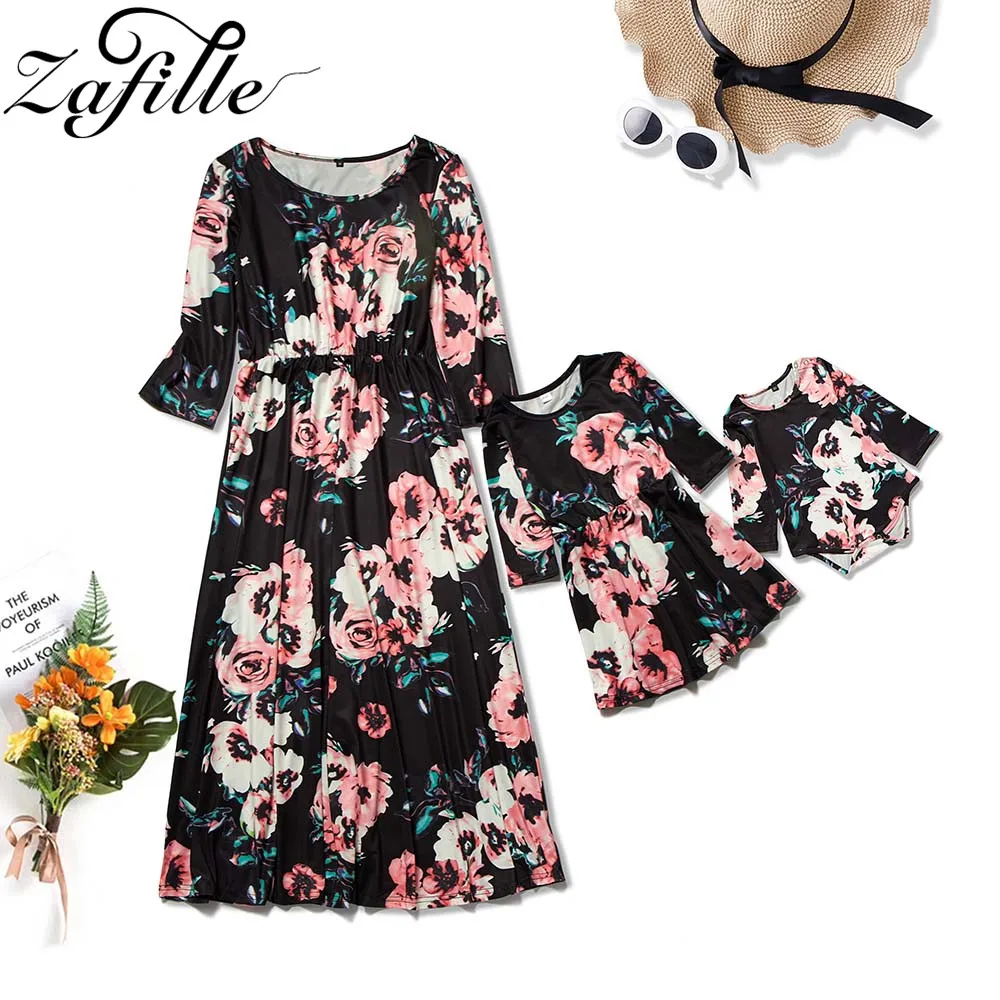 

ZAFILLE Mommy and me Clothes Black Floral Dress For Mom and Daughter Matching Clothes 0-9Y Family Kits Mother Daughter Dresses