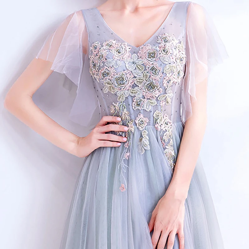 

Luxury Evening Dress Illusion V-Neck Embroidery Beading Crystal A-Line Floor-Length Lace Tulle Elegant Women Formal Gown TS548