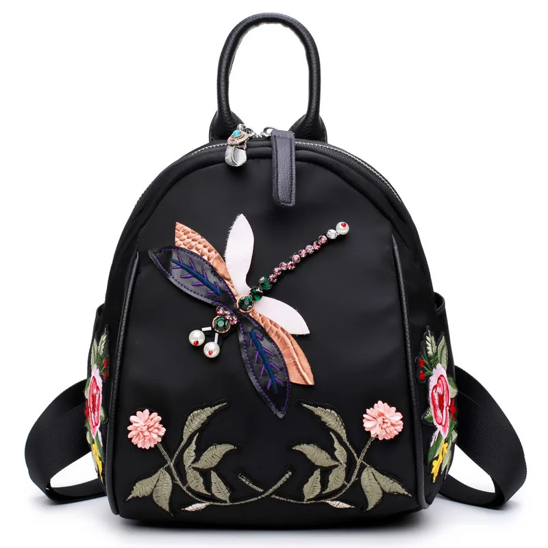 

Small Backpack National 3D Dragonfly Embroidered Personality Designer Female Backpack Mini Black Bag for Lady Girl 2021