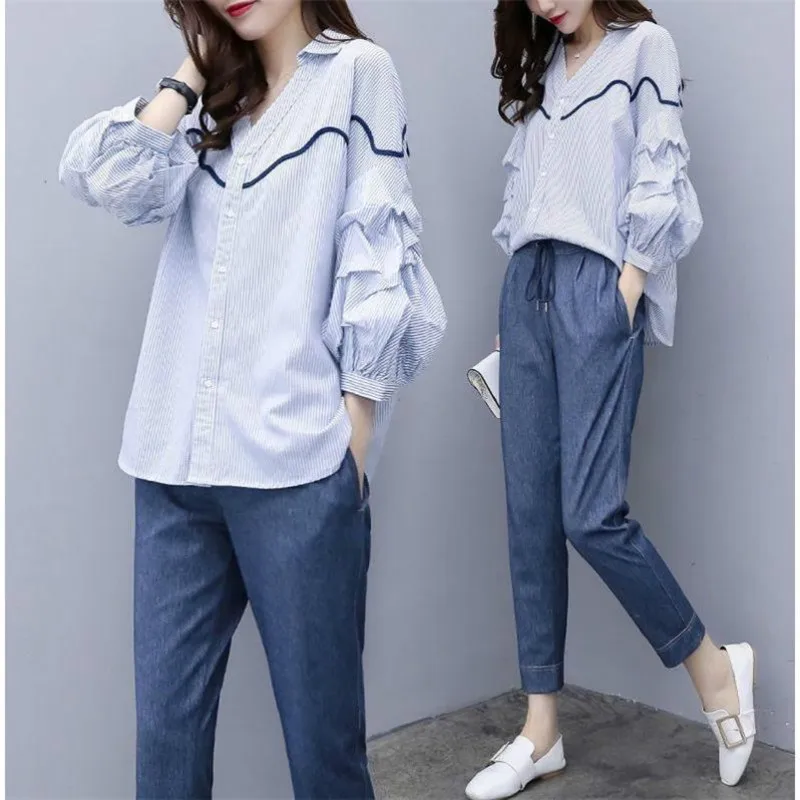 

Fashion new women's suit two-piece office wear long-sleeved T-shirt tops+ trousers casual sportswear