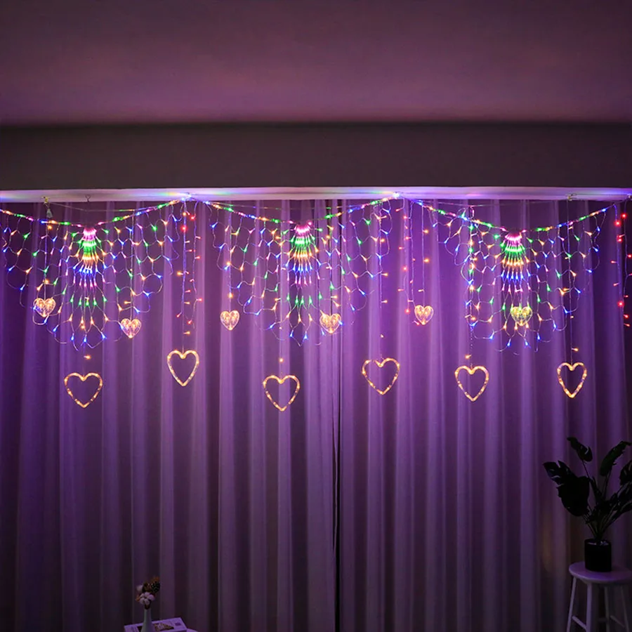 

Upgrade 3M LED Peacock Mesh Curtain String Light With 12PCS Star/Heart/Ball Outdoor Christmas Garland Fairy Lights For New Year