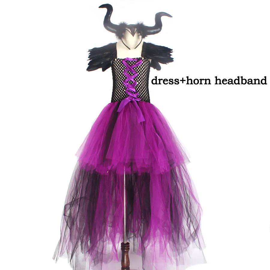 dress and headband Фиолетовый, черный Детский костюм малефисенты для девочек, темно-ведьма, злодей, Хэллоуин, вычурная юбка, платье вечернее праздничное карнавальное бальное платье - Цвет: dress and headband