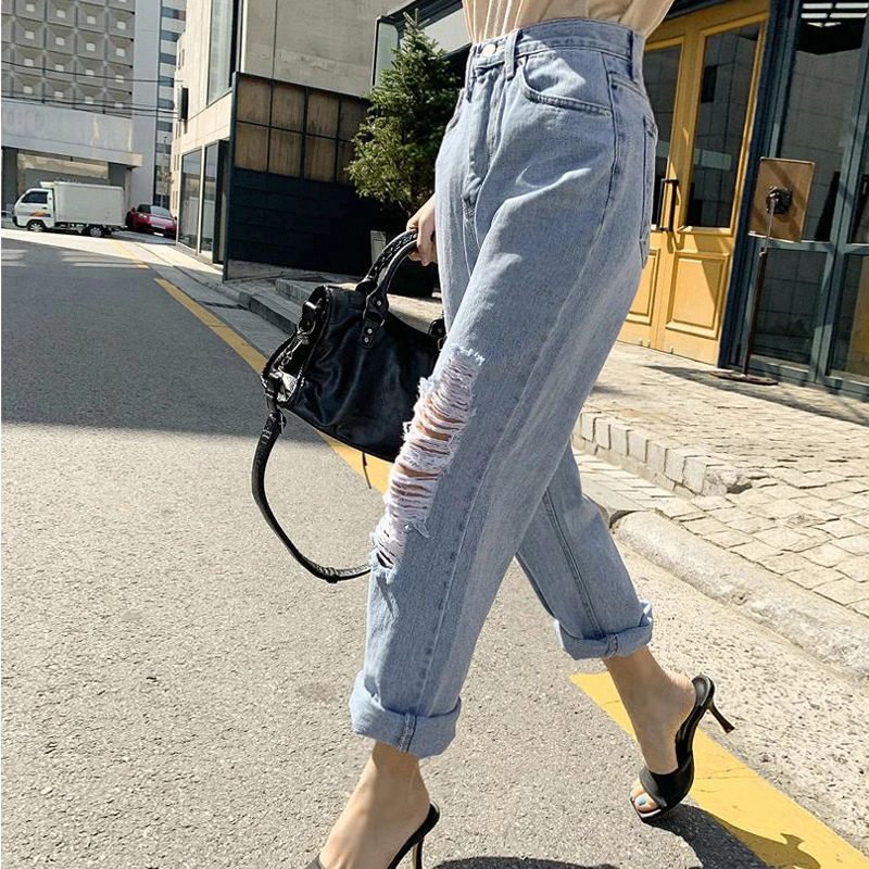 Женские джинсы-султанки с высокой талией свободные джинсовые брюки рваными