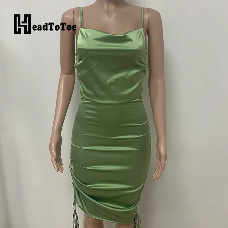 

Solid Glitter Fashion Brief Dresses for Women Spaghetti Strap U-neck Above Knee Slim Pleated Dress Women