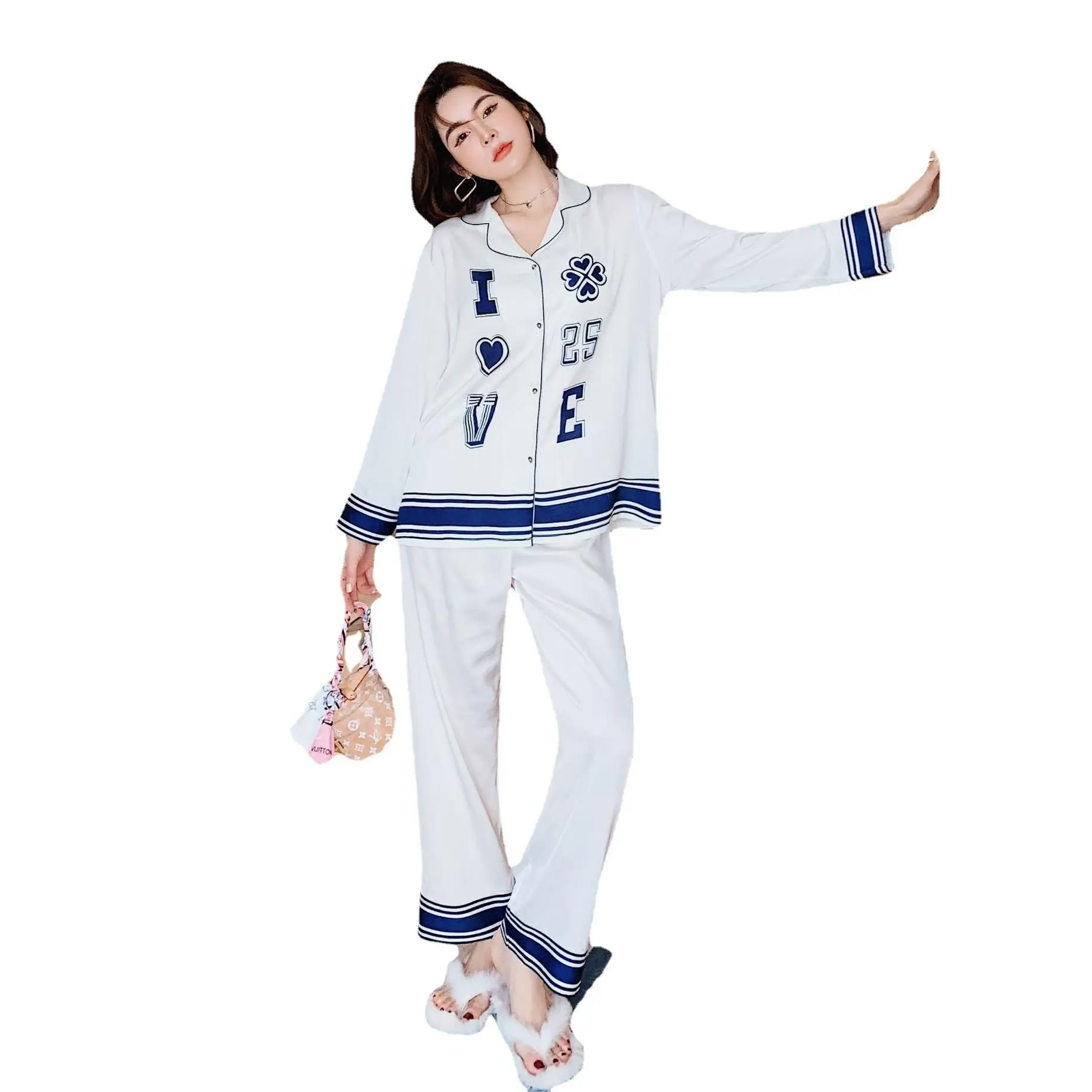 

Casual Nightwear 2021 New Home Clothing White Print Letter Female 2PCS Pajamas Suit Patchwork Color Sleep Set Satin Homewear