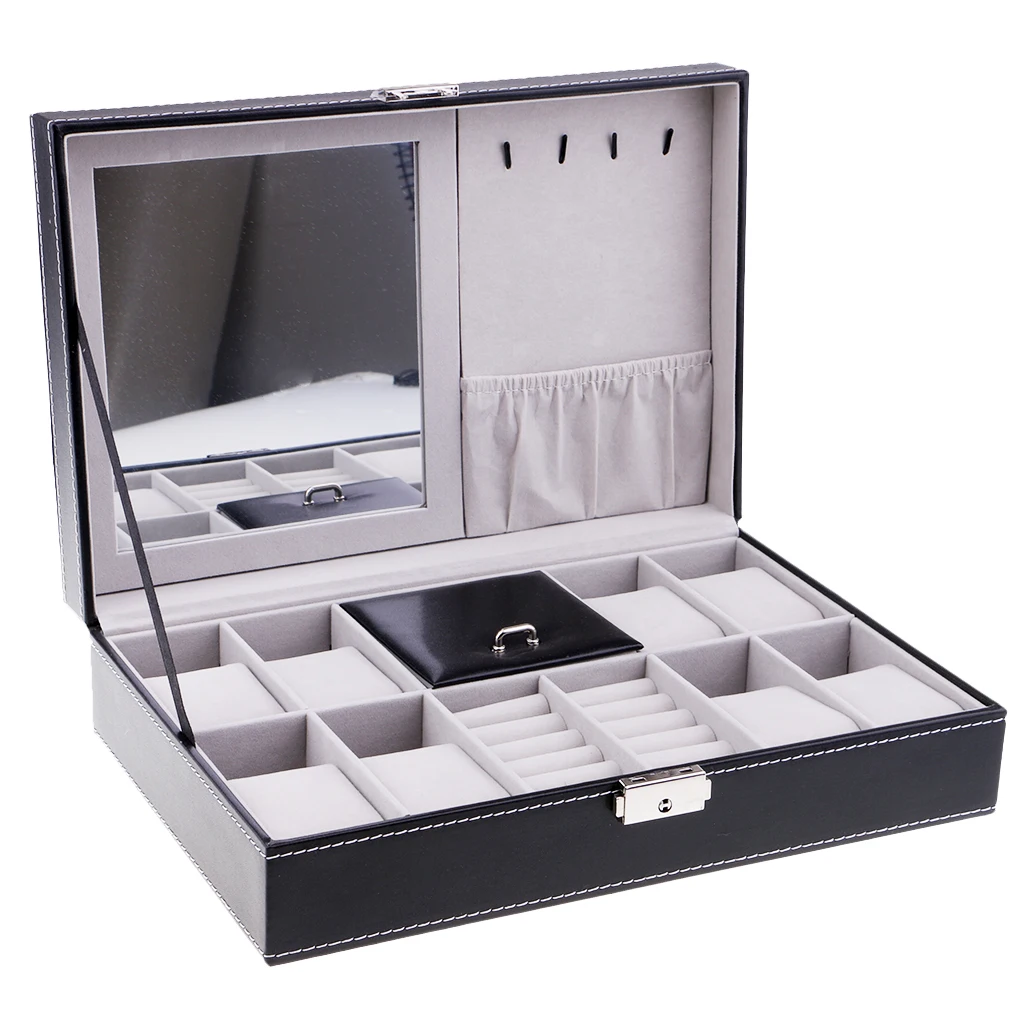 

8 Slot PU Leather Locked Watch Case Mirror Jewelry Organizer Storage Box