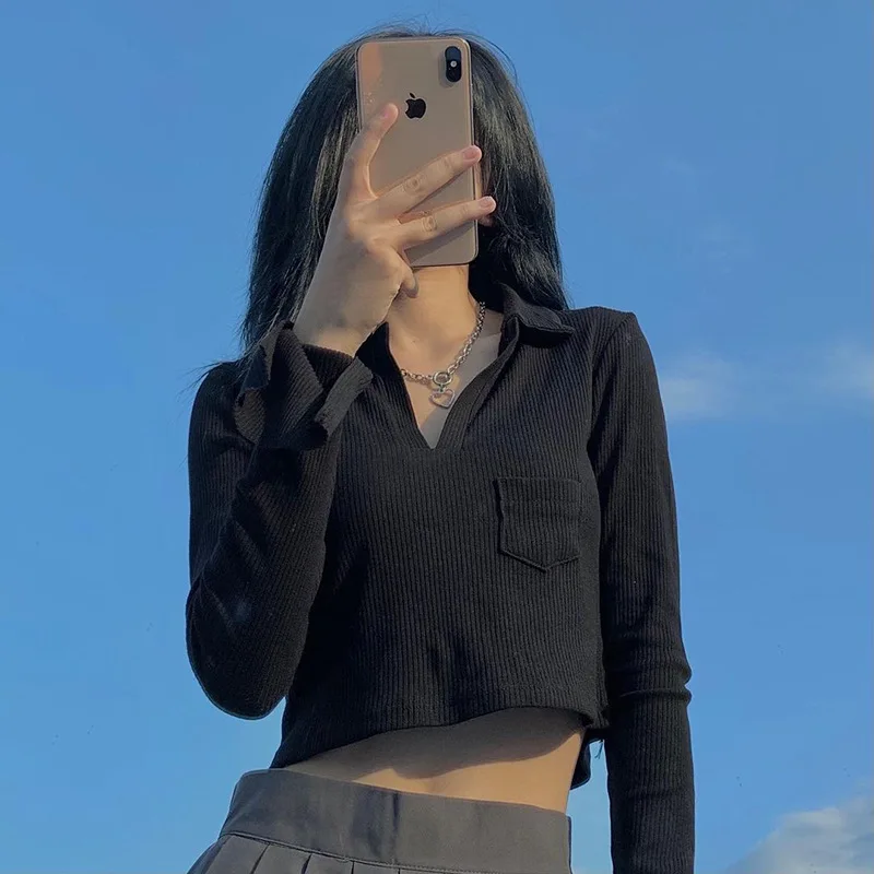 

ArtSu Basic T-shirt Women Y2K Clothes Fashion Turn Down Collar Solid Casual Streetwear Autumn White Long Sleeve Shirt