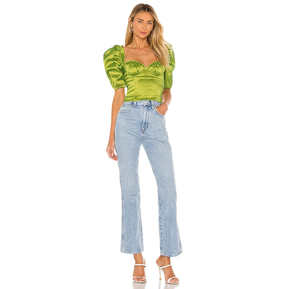 

Summer Top Women's T-shirts 2021 Spring Summer New Fashion French Square Collar Sexy Backless Puff Short Sleeve Green Slim Top